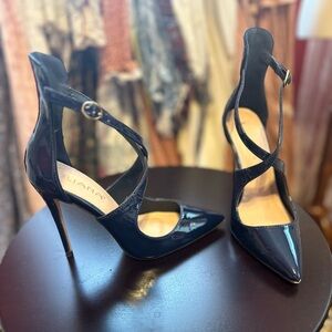 Liliana navy patent cross strap heels